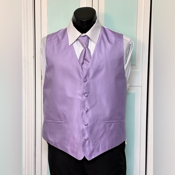 Lavender Lilac Purple Herringbone Closed Back Vest Wedding Prom Men’s XL Tall - Picture 1 of 6